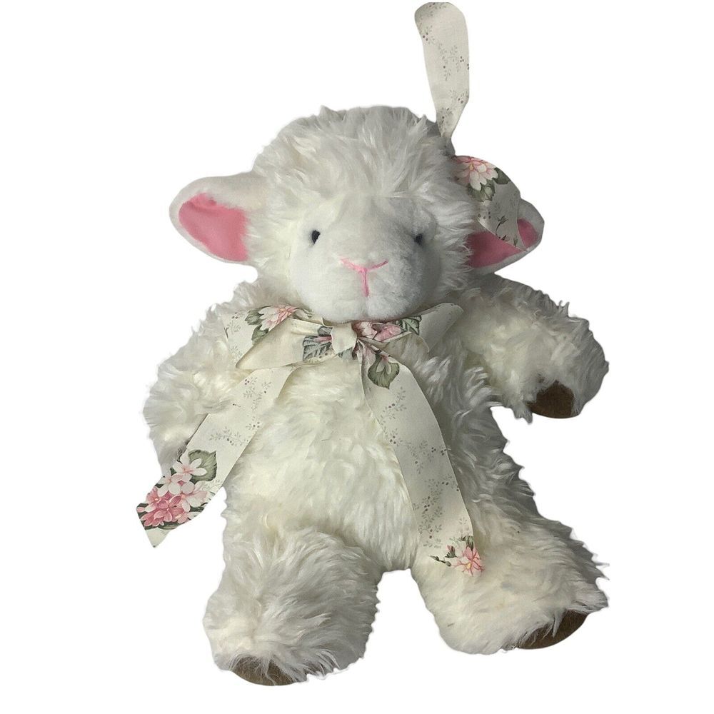 White Lamb Plush Sheep Pink Ear Ribbon Soft Stuffed Animal 13 inch